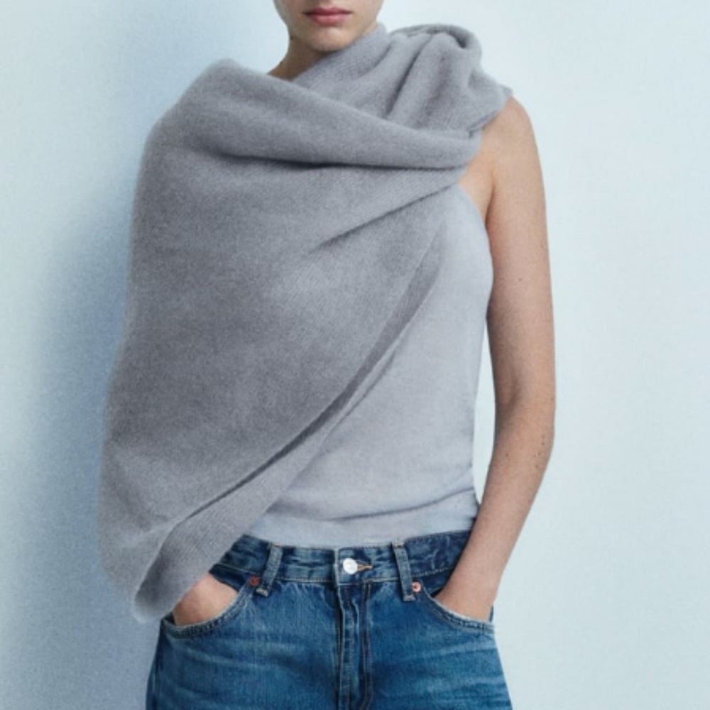 Zara light bluish gray wool blend lightweight knit cape top NWT